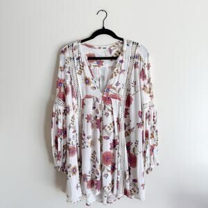 Free People White + Red Floral Print Boho Just the Two of Us Tunic Dress Small